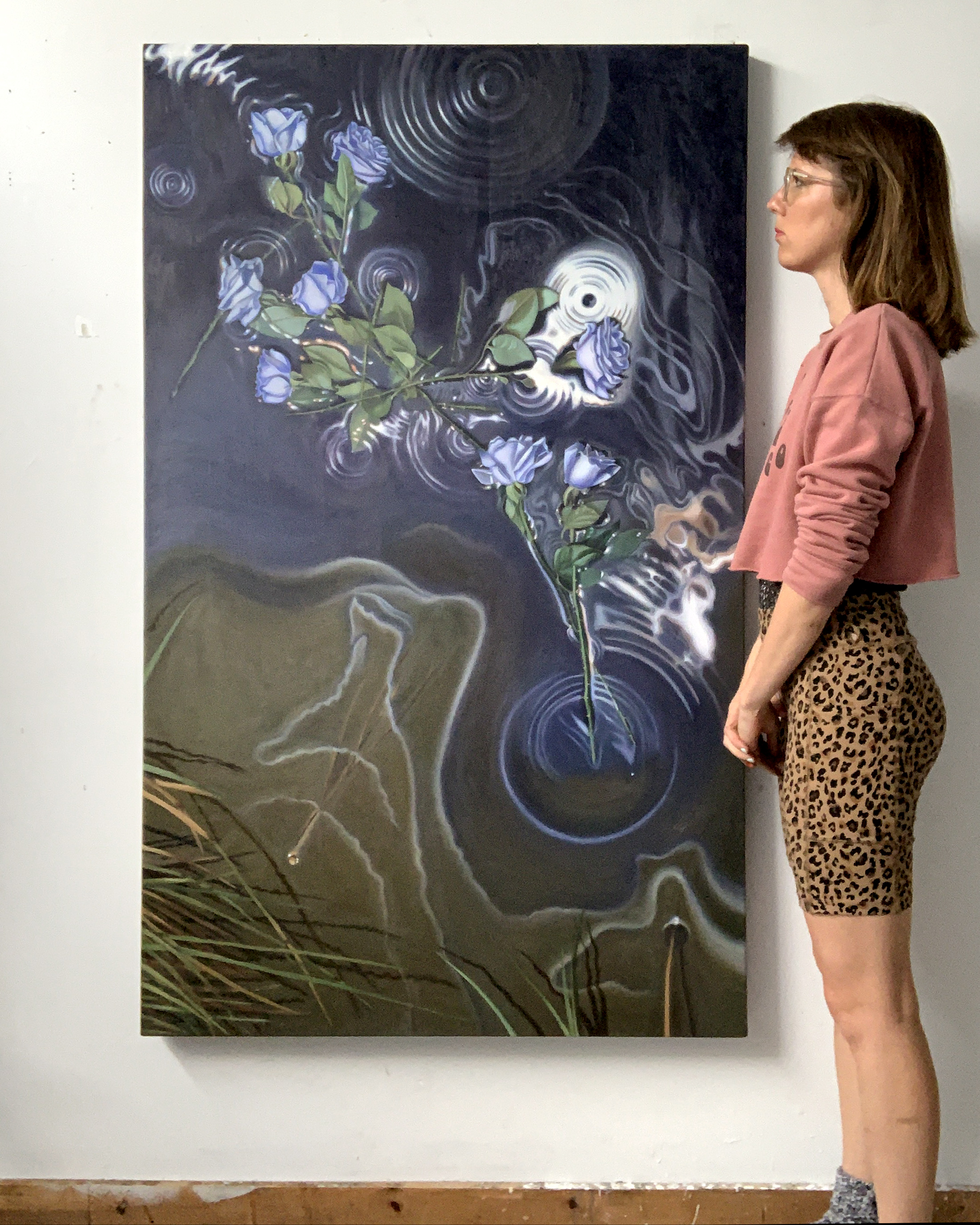 Wetlands (blue carbon)-with figure for scale, 60x36 2021 <br>oil on canvas